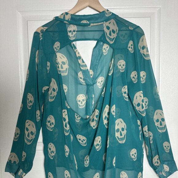 Honey Punch Large Skull Long Sleeve Teal Green Y2K Aria Top Office Halloween - Picture 7 of 11